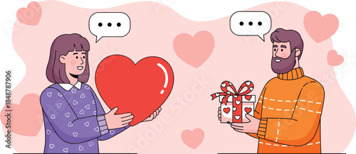 Illustration of a man and woman exchanging gifts and hearts