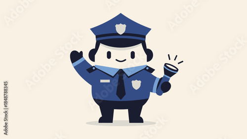 Brave Male Police Officer Character Saluting with Flashlight in Bright Studio Background