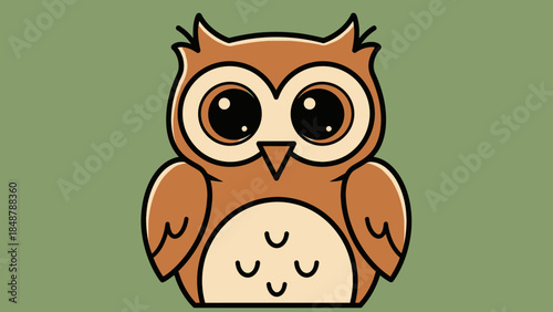 Cute Brown Owl Character Sitting Peacefully on Olive Green Background