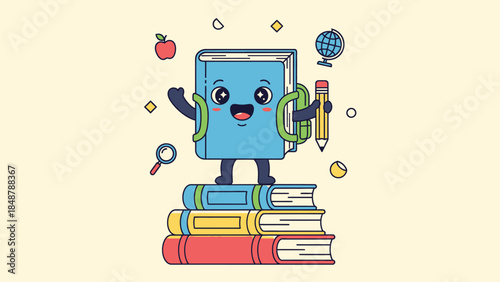Cute Happy Blue Book Character Standing on a Stack of Books, Holding a Pencil with a Globe and Apple in a Bright Yellow Background