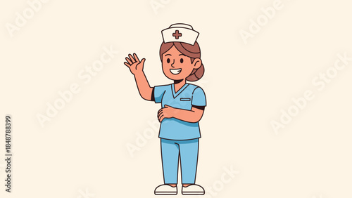 Friendly Cartoon Female Nurse Waving and Smiling in a Bright Studio Background
