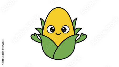 Happy Yellow Corn Cob Character Standing with Green Husks on Isolated White Background