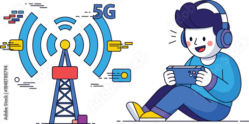 A boy plays video games with a 5G tower in the background.