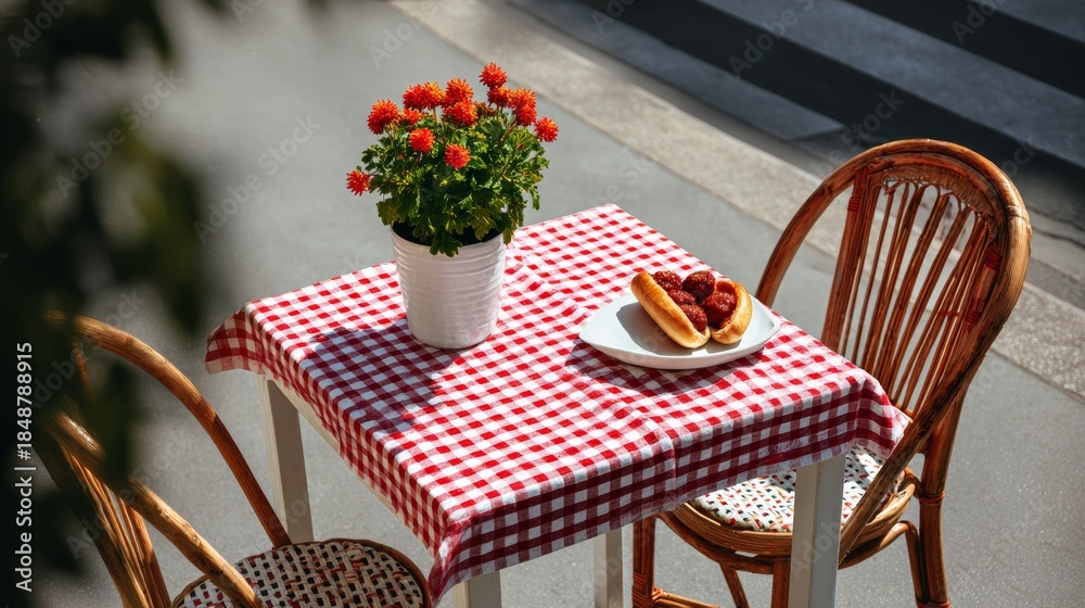 Obraz premium A table with a red and white checkered tablecloth and two chairs. A vase with flowers on the table and a plate of food