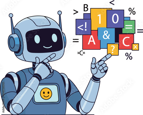 A robot in headphones points to coding symbols
