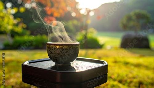 Steaming cup resting on a stand, with blurred trees, sun, and greenery in background