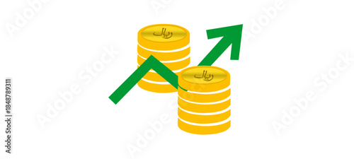 Riyal Exchange Rate Value Rise Up.Business icon Saudi Riyal stock market gold Coin graph,.