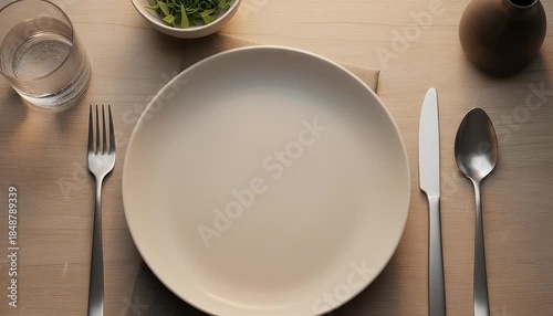 Dining table setting overhead view plate cutlery