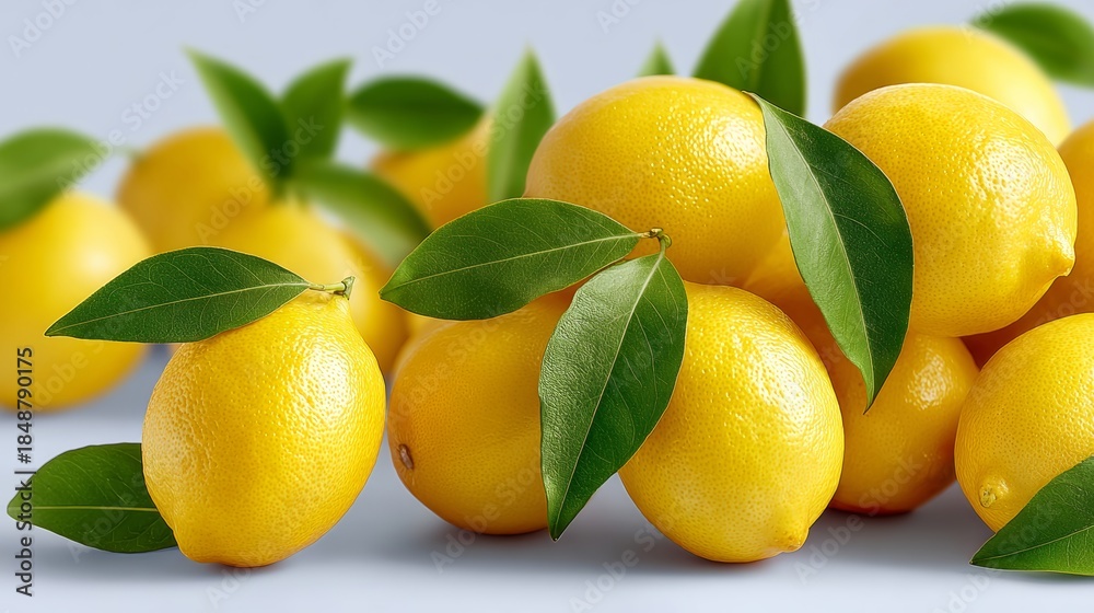Fototapeta premium A bunch of lemons with green leaves on top. The lemons are ripe and yellow, and the leaves are fresh and green. The lemons are arranged in a pile, with some of them overlapping each other