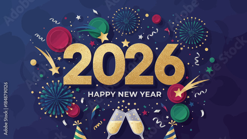 Festive 2026 New Year Celebration with Fireworks and Champagne.