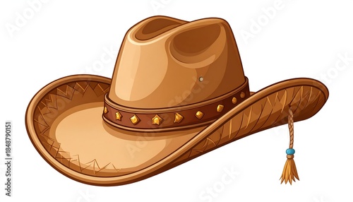 Cartoon drawing of a brown cowboy hat with detailed stitching and a decorative band with star ornaments