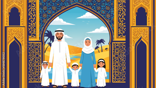 Traditional Arab Family Celebrating Eid Al Fitr Outdoors in a Desert Landscape with Arabic Architectural Elements