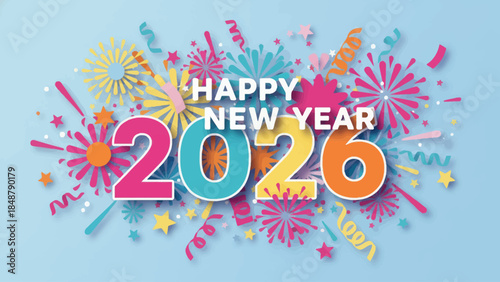 Festive Happy New Year 2026 Celebration with Colorful Decorations.