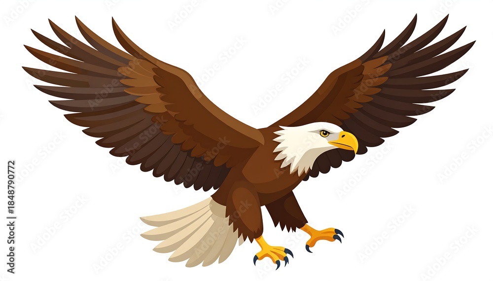 Obraz premium Cartoon eagle with brown feathers spreading its wings, isolated on white background, talons reaching