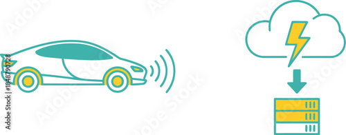 Concept illustration depicting wireless data transmission from a modern vehicle to a cloud server for processing or updates