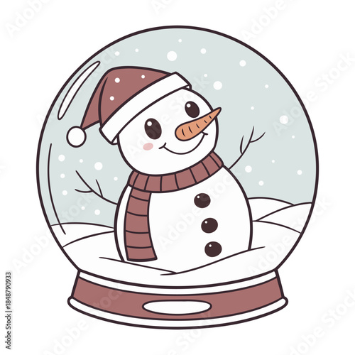 Adorable snowman with a red hat and scarf smiling happily within a wintry snow globe