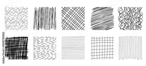 Set of simple black hand-drawn textures. Abstract shapes and design elements. Trendy pattern for poster, social media and other designs. illustration.