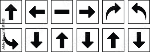 Direction arrows, navigation icons, curved arrows, straight arrows, black symbols, white background, grid layout, pointer signs, vector illustration, abstract design