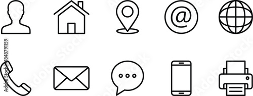 Communication icons, contact symbols, email, phone, location, website, user profile, message, chat, mobile, printer, address, internet, connection, interface, digital, UI elements, vector