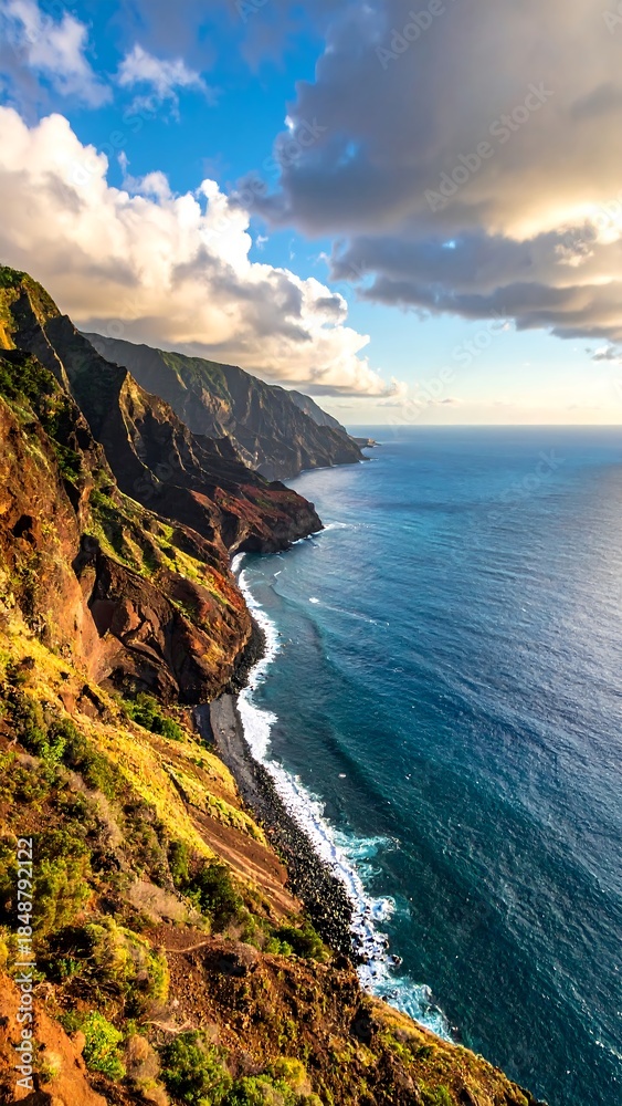 Fototapeta premium Serene coastal view with rugged cliffs meeting the turquoise sea under a partly cloudy sky at sunset