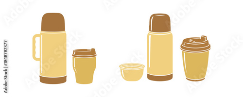 Thermos and Thermo cup icons set against a white background. Vector illustration

