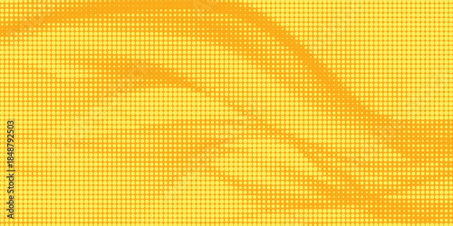 Yellow halftone pattern. Retro comic gradient background. Bright orange pixelated dotted texture overlay. Cartoon pop art faded gradient pattern. Vector backdrop for poster, banner, advertisement