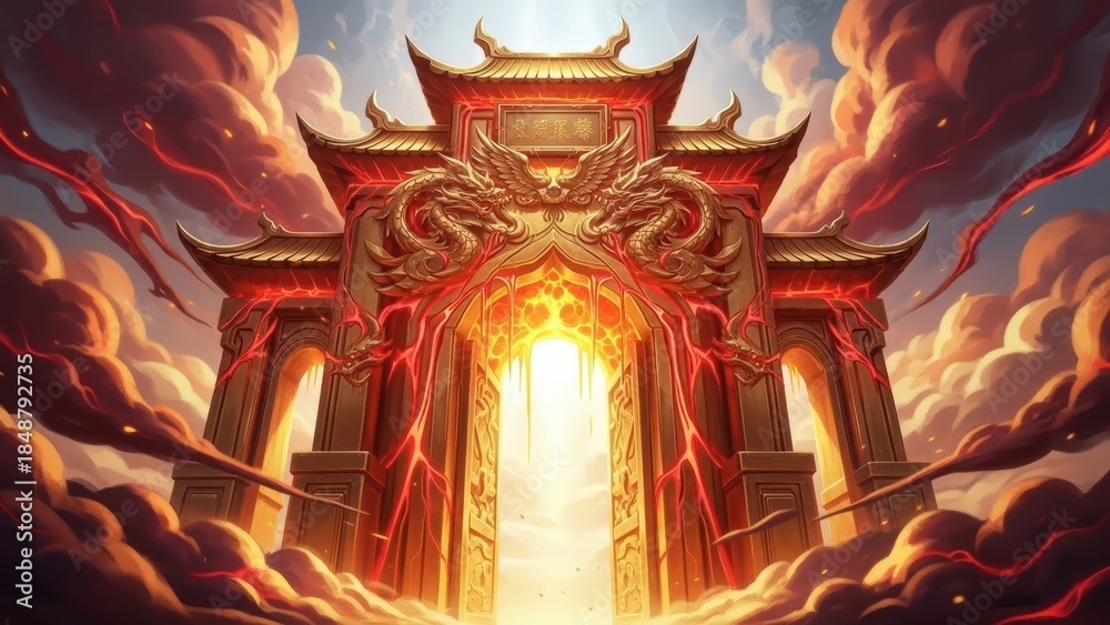 Fototapeta premium Glowing ornate temple gate revealing a celestial portal of radiant light.