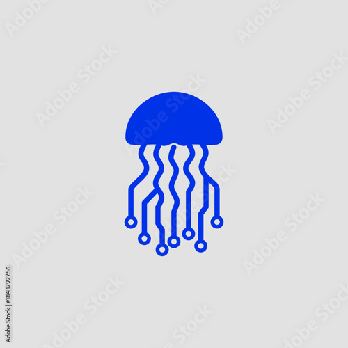 Minimalist blue jellyfish icon with circuit-style tentacles, flat vector illustration