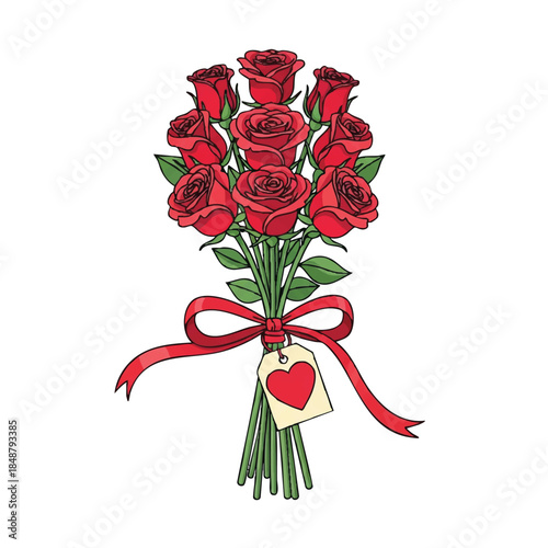 Illustration of a bouquet of red roses with a red ribbon and heart-shaped tag against a clean white background.