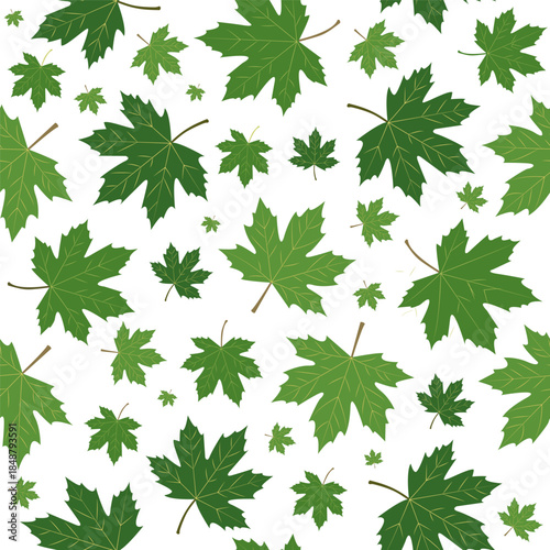 Green leaves scattered across a white background create a vibrant seasonal pattern. Seamless pattern