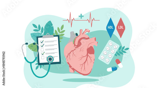 Heart health concept with stethoscope and pills