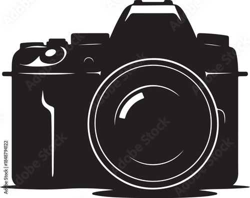 Professional DSLR camera silhouette black vector icon symbol for photography and media design.
