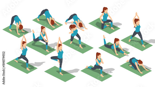 Woman performing various yoga poses on green mats in different positions