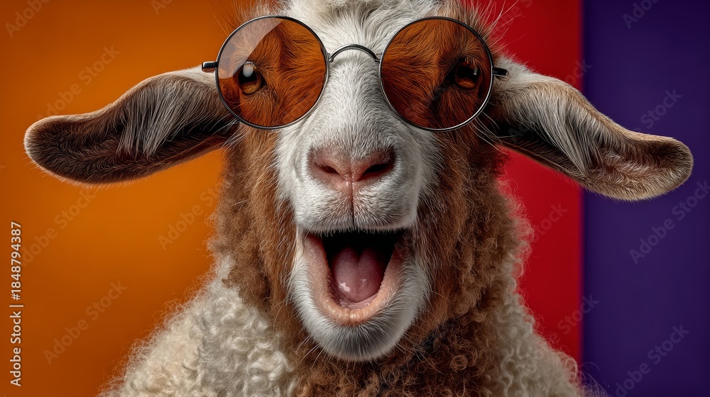 Naklejka premium A goat wearing sunglasses and a smile. The goat is wearing sunglasses and he is happy. The image has a fun and lighthearted mood