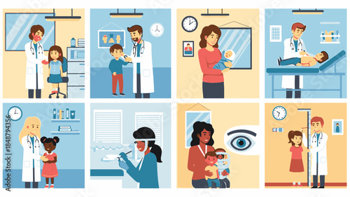 Doctors and nurses providing medical care to children and families in a clinic