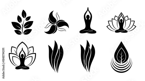 Yoga and wellness symbols in modern black and white designs