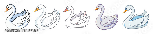 Artistic sketches of swans in various poses captured with soft blue and purple washes for subtle depth and color