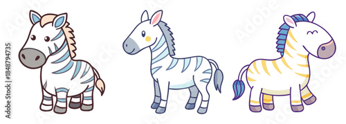 Three adorable cartoon zebras featuring stripes and colorful manes for fun animal designs