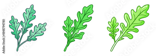 Three vibrant green arugula leaves isolated on white showing textured petals and leaf veins