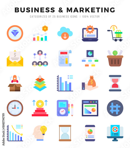 Set of Business & Marketing icons in Flat style. High quality Flat Icons symbol collection.