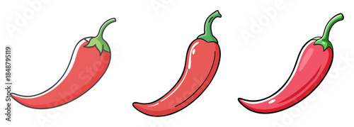 Three bright red chili peppers with green stems displayed in a row on a white surface showing vibrant ripeness and spice