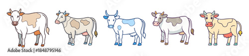 A collection of five black and white cartoon-style cows with subtle pastel coloring accents on their bodies
