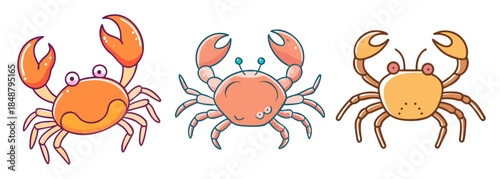 Three adorable cartoon crabs with claws raised for a fun underwater scene