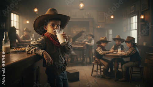 A small 7-year-old cowboy with a tough attitude while drinking a glass of milk inside a smoky and dark saloon.