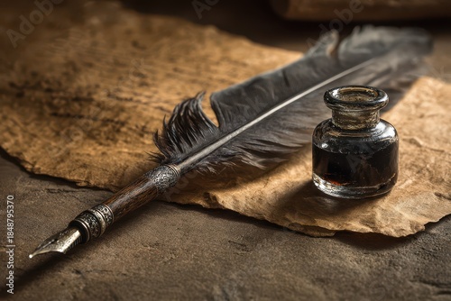 Elegant antique writing tool: feather pen beside parchment and ink bottle
