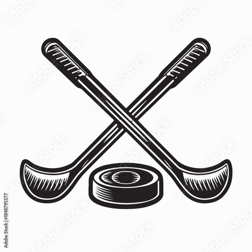 Two Crossed Hockey Sticks With Puck Image Vector on White Background