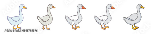 Five whimsical line art style geese with colorful accents in various playful poses and expressions