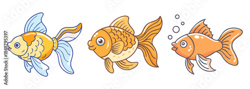 Three adorable cartoon goldfish swimming together with bubbles capturing aquatic life fun