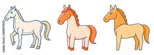 Three artistic depictions of horses showing different stages of artistic rendering from sketch to full color