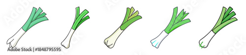 Group of five fresh green leeks with white bases and leaves artistically rendered with subtle color tints